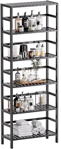 HITNET Bamboo Bookshelf, 6-Tier Tall Open Bookcase with Adjustable Shelves, Floor Standing Storage Shelf Unit for Living Room Bathroom Home Office, Black