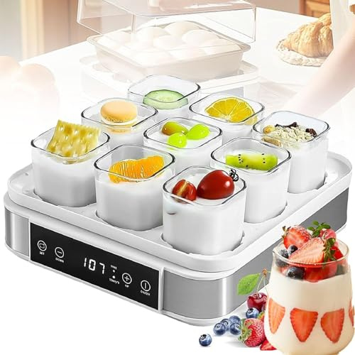 Yogurtiera Digitale Automatica Da 9 Vasetti, Macchina Per Yogurt A Fermentazione Piccola Con Display Lcd, Lievitatore Per Impasto, Controllo Della Temperatura E Del Tempo Regolabili, Design Visibile A