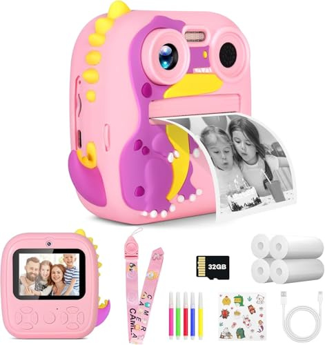 OKYUK Cámara instantánea para niños, cámara HD 1080P con 4 rollos de papel de impresión y tarjeta SD de 32G, lente dual de 2,4 pulgadas, cámara para niños(Dinosaurio rosa)