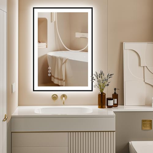 ChillCruiser Miroir de salle de bain LED avec cadre noir, lumière avant et rétroéclairé, intensité variable en continu, anti-buée, incassable, fonction mémoire, LED 3 couleurs, 500 x 700 mm