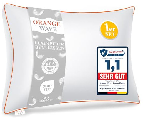 Orange Wave Almohada de plumón, 1 almohada de plumón y plumas, para máximo apoyo y comodidad de lujo