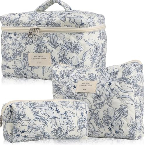 Aucuu Beauty Case, 3 Pezzi Floreale Grande Capacità per Il Trucco, Borsa da Toilette Trapuntata, Beauty Case da Viaggio Cotone Morbido, Beauty Trapuntato Grandei da Toilette Makeup Bag Organizer
