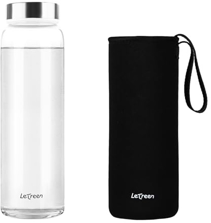 LETREEN Glass Water Bottle 1 Litre, Wide Mouth Water Bottle 1L with Neoprene Sleeve, BPA-Free Leak Proof Reusable 1000ML Drinking Bottles for Hot Cold Drinks, Work, Gym, Home