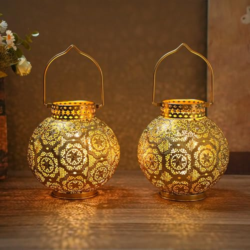 TRIROCKS Set di 2 lampade da tavolo in stile marocchino, in metallo, 18 cm di altezza, a batteria, senza fili, con lampadina a LED, per casa, soggiorno, feste, eventi, matrimoni, da tavolo, per