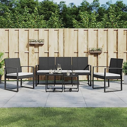 QJBSAVVA 5-TLG. Gruppo da giardino nero con panca a 3 posti e tavolo con piano in vetro, 54,5 x 57 x 77,5 cm, rattan PP, salvaspazio per piccoli balconi, terrazze e giardini, moderno Desi...