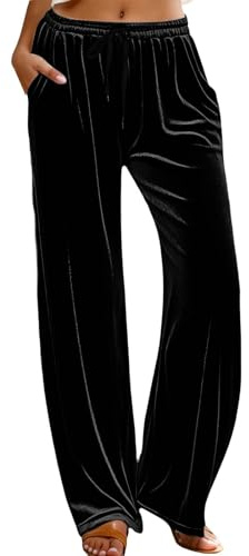 Foweknow Pantalones de chándal para mujer, de terciopelo cálido, para el tiempo libre, sueltos, lisos, de terciopelo, cómodos, elegantes, informales, con cordón y bolsillo, Negro , M