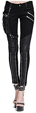 Devil Fashion Steampunk Pantalones de mujer con un bolsillo de cuero Gothic Pencil Pants Vintage Stitching Leggings (S, Negro)