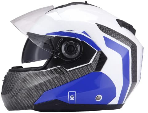 Casco Modulare Moto con Doppia Visiera Sparco Riders SP505 | Casco Moto Integrale Omologato ECE con Visiera Doppia Antigraffio | Casco Moto Modulare Uomo & Donna| BIANCO / BLU | XS