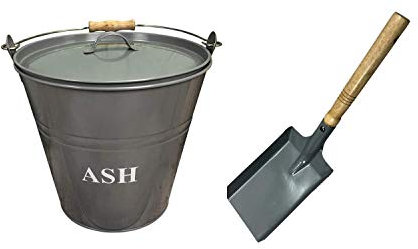Selections Large Fireside Ash Bucket with Lid & Shovel Pack, 32cm High, 12 Litre Capacity in French Grey
