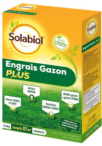 SOLABIOL Engrais Gazon Plus - 3,5 kg - Granulés - Jusqu'à 87m² - Nutrition Longue Durée - Gazon Dense & Vert - Action Rapide - Utilisable En Agriculture Biologique SOGAZPLUS35