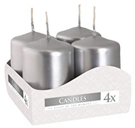 Candele votive candele a colonna candele dell'avvento argento metallico, diametro 4 cm, altezza 6 cm, inodore, tempo di combustione lungo 7h, set 4 pezzi (1 scatola)