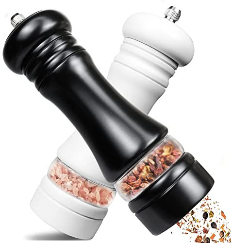 IAGORYUE Macina Pepe Set di 2 Pezzi, Macina Sale e Pepe Manuale con Regolabile Macinino in Ceramica, Saliera e Pepiera Legno con Acrilico Trasparente, Macinapepe per Sale, Pepe, Spezie,Altezza 16.5cm
