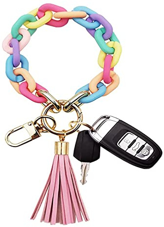 Llavero Mujer Coche Pulsera Chica Niña, Keyring para Llavero, Pulsera con Borla de Cuero, Regalos para Amigos y Familia