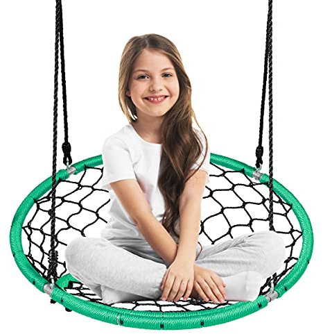 GYMAX Altalena Rotonda a Nido da Giardino, Swing per Bambini con Schienale, 90X60 cm, Portata Max.150 kg, Seduta Intrecciata in PE, Telaio in Metallo, Regolabile tra 100-160 cm, Verde
