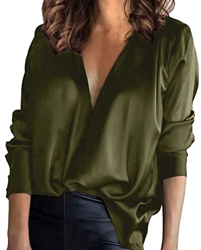 Camicetta in raso per donna, elegante, a maniche lunghe, con scollo a V, da lavoro, a tunica, con bottoni, a maniche lunghe, in chiffon