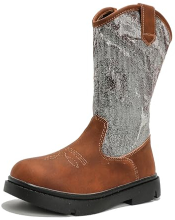 WUIWUIYU Bottes de Cowboy Marron Filles Occidentales Classiques Vintage Broderie Bottes de Mi-Mollet -Marron 31