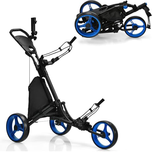 LIFEZEAL Golfvagn vikbar, 3-hjuls golf push vagn med fotbroms, golfvagn med 3 höjdjusterbara positioner, golfkaddy vikbar med paraplyhållare och flaskhållare och väska (blå)