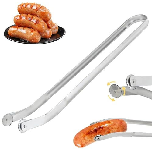 Grillzange Edelstahl, Grillzange Drehbar Grillzange Lang Bratwurstzange, 15 Zoll Grillzange mit Rädchen Barbecue Grill Zubehör für Kochen, Grillen, Buffet
