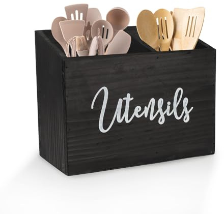 Gzsekken Kitchen Utensil Holder,Black Utensils Holder 2 Compartment,Wood Utensil Organiser for Kitchen Counter, Farmhouse Cutlery Caddy Cooking Tools Storage Caddy Utensil Container for Fork Spoon