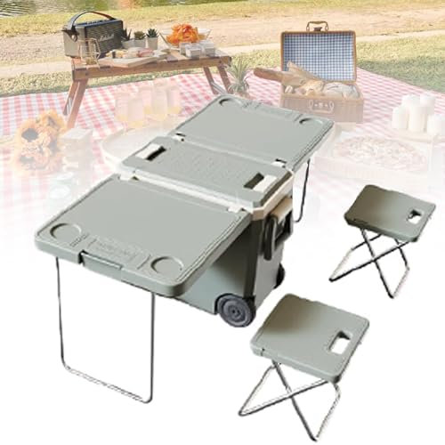 Rolling Cooler Folding Utility Cart on Wheels - Portable Table Chairs for Picnic Camping Outdoor - No Electricity or Compressor -