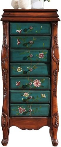 Armoire de rangement sur pied avec 7 tiroirs, 2 portes battantes, 12 crochets pour colliers, bijoux et accessoires (vert)