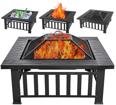 Panovue Mesa multifuncional para fogata cuadrada de metal de 32 pulgadas, para patio, jardín, chimenea, camping, calefacción al aire libre, hoguera y picnic
