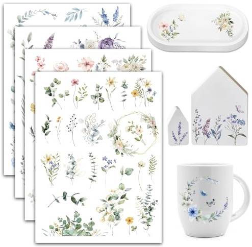 BOOMTOP 4 Fogli Adesivi da Strofinare Fiori Piante Trasferimento Rub On Adesivi Fiori Piante per Vetro Legno Ceramica Carta Decorazione Mobili Tazza Scrapbooking Regalo