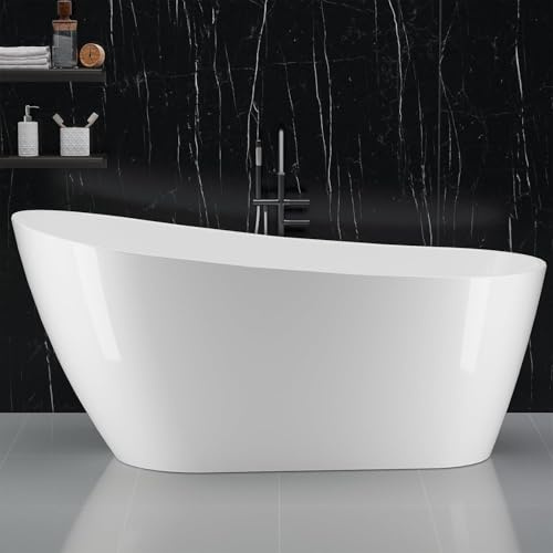 59 Free Standing Tub, Acrylic Freestanding Bathtub, Modern Soaking Tub with Integrated Overflow and Drain, White Bathroom Fixture, Stand Alone Bathtub, cUPC Certified