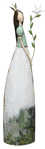 Posiwio große dekorative nostalgische Dekofigur Prinzessin mit Goldener Krone und Vögelchen Metall weiß-grün von Hand bemalt