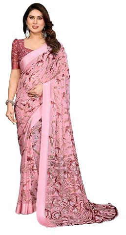 ETHNICMODE Indian Saree For Women Printed Georgette Light Weight Party Wear Peach Sari With Unstitched Peach Blouse Piece-1204