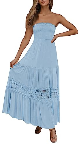 Bandeau Beach Dresses for Women UK Summer Strapless Boho Sundress Elasticated Boob Tube Pleated Swing Maxi Dresses with Lace Trim Casual Holiday Sleeveless Flowy Long Dress for Ladies Blue