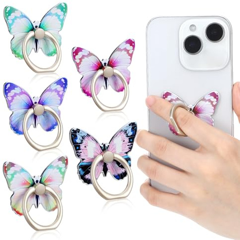 Ouligay 5 unidades de soporte para teléfono móvil con mariposa de rotación de 360°, agarre para anillo de dedo, soporte para anillo de teléfono móvil, autoadhesivo, anillo portátil para teléfono móvil