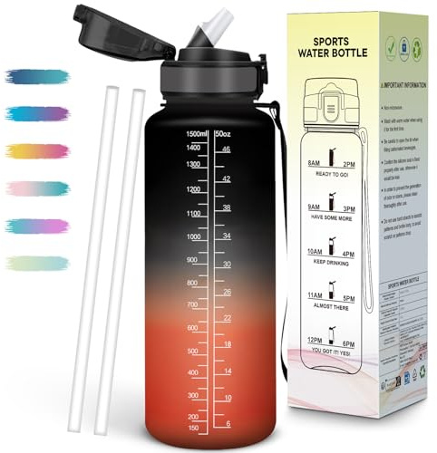 Mulbijeo Borraccia 1,5 Litri, A Prova di Perdita & Portatile, Borraccia con Cannuccia, Borracce, Riutilizzabile, Borracce Motivazionale per Scuola, Palestra, Campeggio, Ciclismo, Yoga