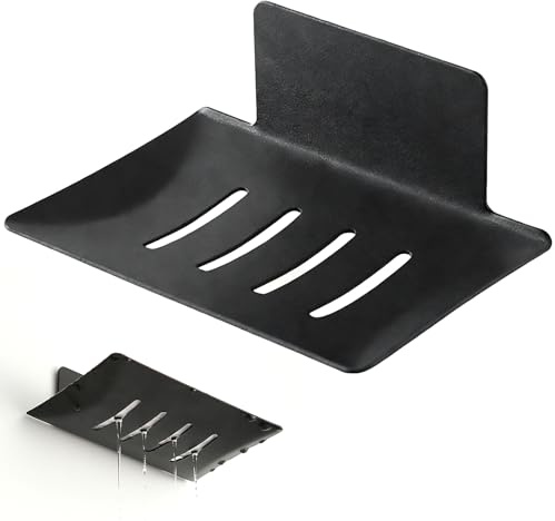 Porte Savon Noir Mat en Acier Inoxydable SUS304 (Anti-Rouille), Support Mural Auto-Adhésif Puissant Max 15kg, Porte-Savon avec Drainage pour Douche et Cuisine - Installation sans Perçage