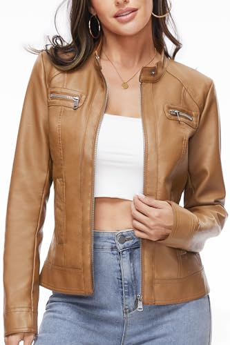 Fahsyee Vestes en cuir zippées pour femmes - Veste de moto en simili PU - Veste motarde pour femmes, camel, X-Large