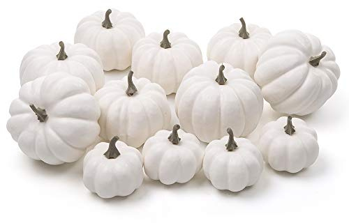 Ogrmar 12 Pack Artificial Assorted Pumpkins, Mini Fake Pumpkins Artificial Vegetables for Halloween,Harvest Thanksgiving Party Decor (White)