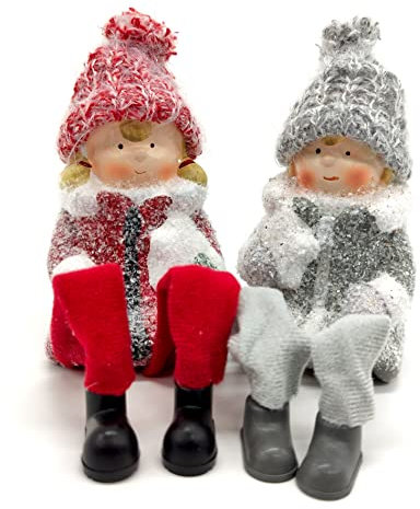 DARO DEKO Winterkinder Kantenhocker 2 Stück Mädchen und Junge 22cm Dekofigur Weihnachtsdeko