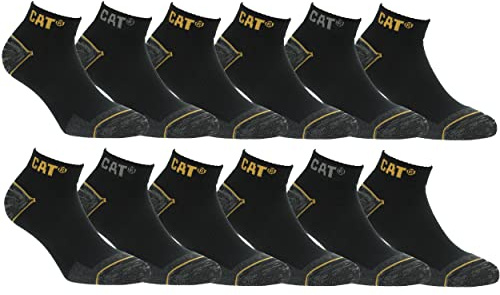 Caterpillar 12 Paar Sneaker Arbeit Socken Knöchelhöhe - Fersenzehenverstärkung - Fußgewölbestütze - Baumwolle (Schwarz, 43-46)