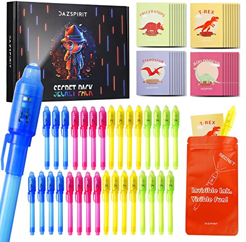 DazSpirit 32 packs Invisible Ink Pens and Notebooks - Dinosaur Theme, UV Light Spy Pens Party Bag Fillers for Boys and Girls, Magic Secret Message Pens for Detective Parties, Treasure Hunt
