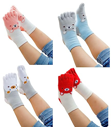 Yuehuamech 4 Paia di Calzini per Dita dei Bambini in Cotone - Calzini Animale Carino Traspirante Antiscivolo per Sport e Corsa - per Bambini 3-12 Anni