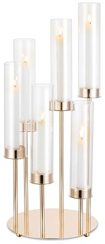 NUPTIO Oro Candelieri Hurricane - 60cm Alto Portacandele con Cilindro di Vetro Chiaro 6 Braccia Candelabro Candela Stick Chimney Cover Matrimonio All'aperto Centrotavola Natale