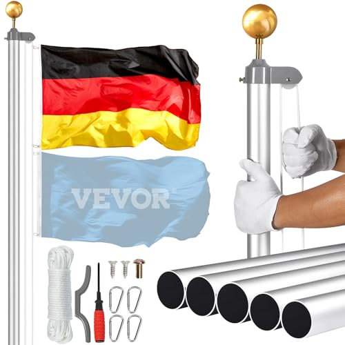 VEVOR Kit de mât de drapeau détachable 6090 mm, mât de drapeau allemand en alliage d'aluminium dans le sol pour extérieur, mât de drapeaux à 3 modes d'affichage avec accessoires professionnels, argent