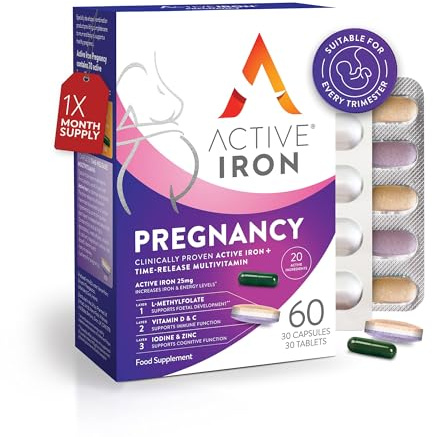 Active Iron Pregnancy Supplement 25mg + Multivitamin – Clinically Proven to Increase Iron & Support Foetal Development – Non-Constipating - Pregnancy & Postpartum Support – 30 Capsules + 30 Tablets