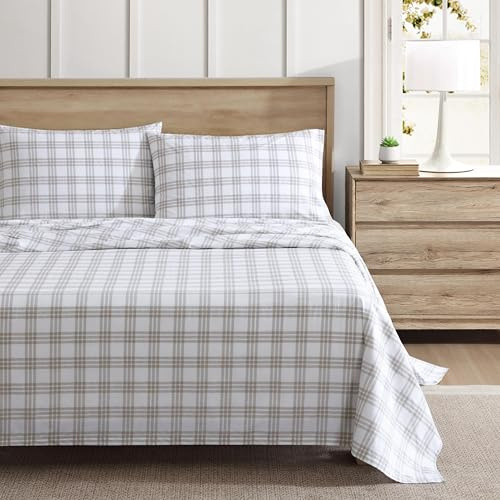 Eddie Bauer Single Bed Duvet Cover Set, Cotton Percale Super Soft and Cosy Home Decor, Oeko-Tex Certified (Plain Plaid, Beige, Single)