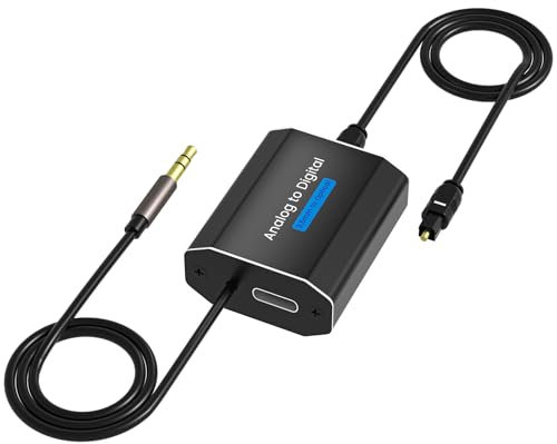 Analog zu Digital Audio Konverter,Audio Converter 3.5mm AUX zu SPDIF Toslink mit Toslink-Ausgabe und Lichtkabel,für Spielekonsolen,Computer,Klangkörper