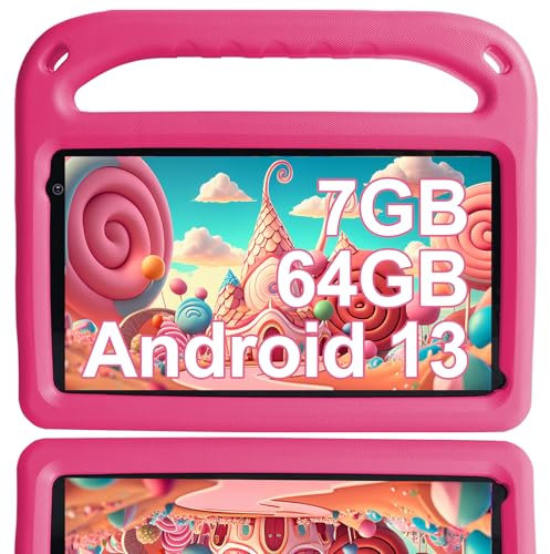 GOODTEL Última Tableta de 7 Pulgadas, Android Tablet, 7 GB de RAM + 64 GB de Almacenamiento (Ampliable hasta 512 GB), GMS Certified, Pantalla IPS HD, Control Parental con Funda EV(Rosa)