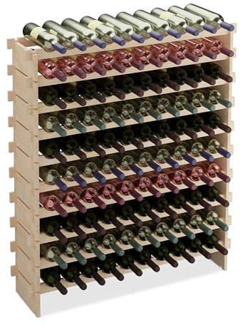 Relaxdays Wine Rack, for 100 Bottles, Stackable, HWD: 120x103x25 cm, Extendable, Horizontal Storage, Pine Wood, Natural