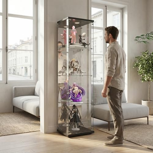 Vetrina Espositiva con LED,Vetrina in Vetro con Serratura,4 Ripiani,Vetro Specchio,Glass Display Cabinet,Vetrina Espositiva per Collezionismo,Per Camera da Letto,Soggiorno e Ufficio, Nero