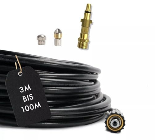 M&M Smartek Tuyau de nettoyage de canalisations de 50 m pour nettoyeur haute pression Nilfisk KEW + buse rigide et rotative Déboucheur de canalisations avec adaptateur M22 x 1,5 – Déboucheur de tuyaux