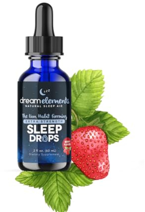 Dream Elements Liquid Sleep Drops – Extra Strength Natural Sleep Aid with Melatonin, L-Theanine, Valerian, and Magnesium – Fast-Acting, Non-Habit Forming, Berry Flavor, 2oz